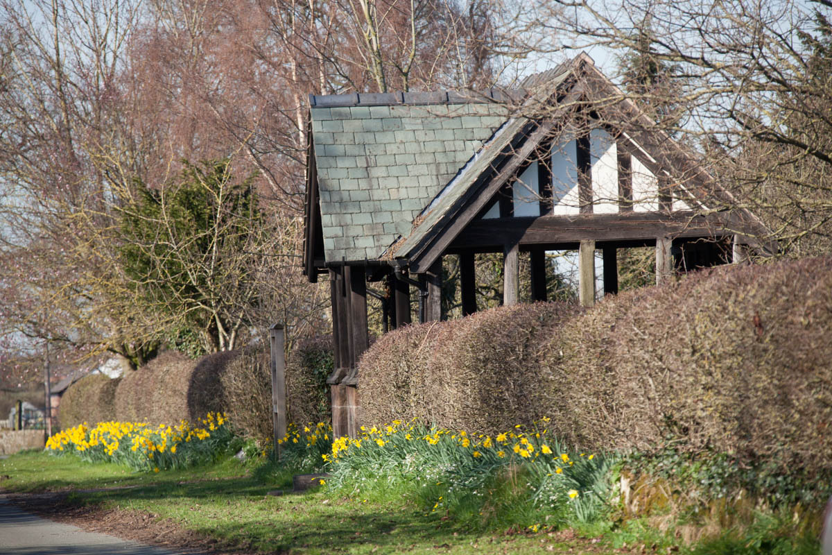 Spring view of Aldersey’s war memorial and village water pump. The Grade II listed early twentieth century memorial, is dedicated to two of the Aldersey family who perished in the First World War.