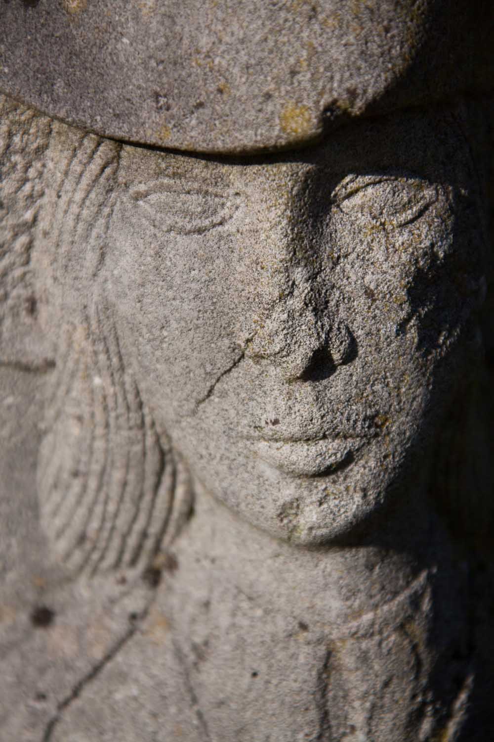 Close up view of the Celia Fiennes monument at No Man’s Heath’s Back Lane. Designed and sculpted by Jeff Aldridge, the monument is dedicated to the late 17th century travels of Celia Fiennes.