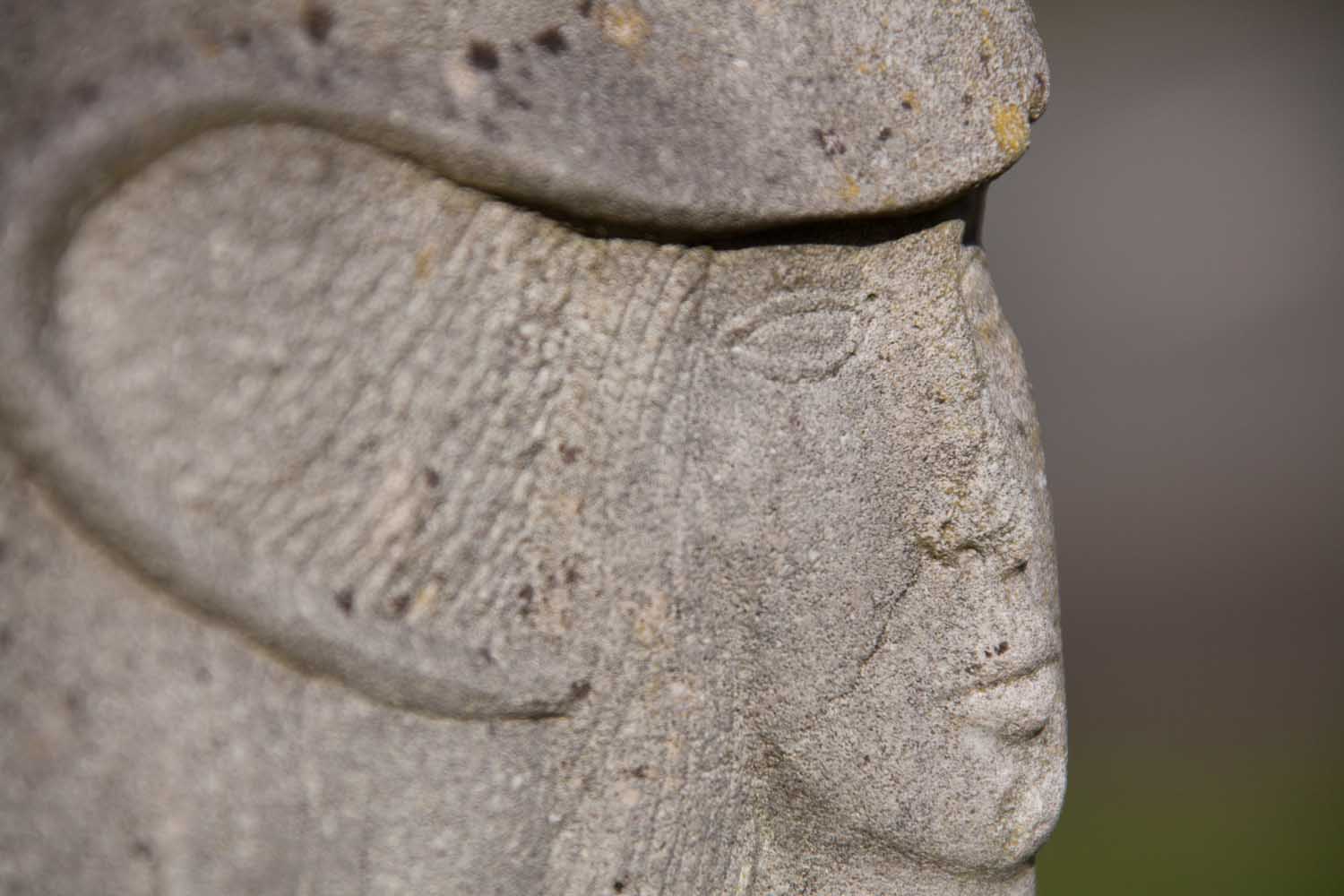 Close up view of the Celia Fiennes monument at No Man’s Heath’s Back Lane. Designed and sculpted by Jeff Aldridge, the monument is dedicated to the late 17th century travels of Celia Fiennes.